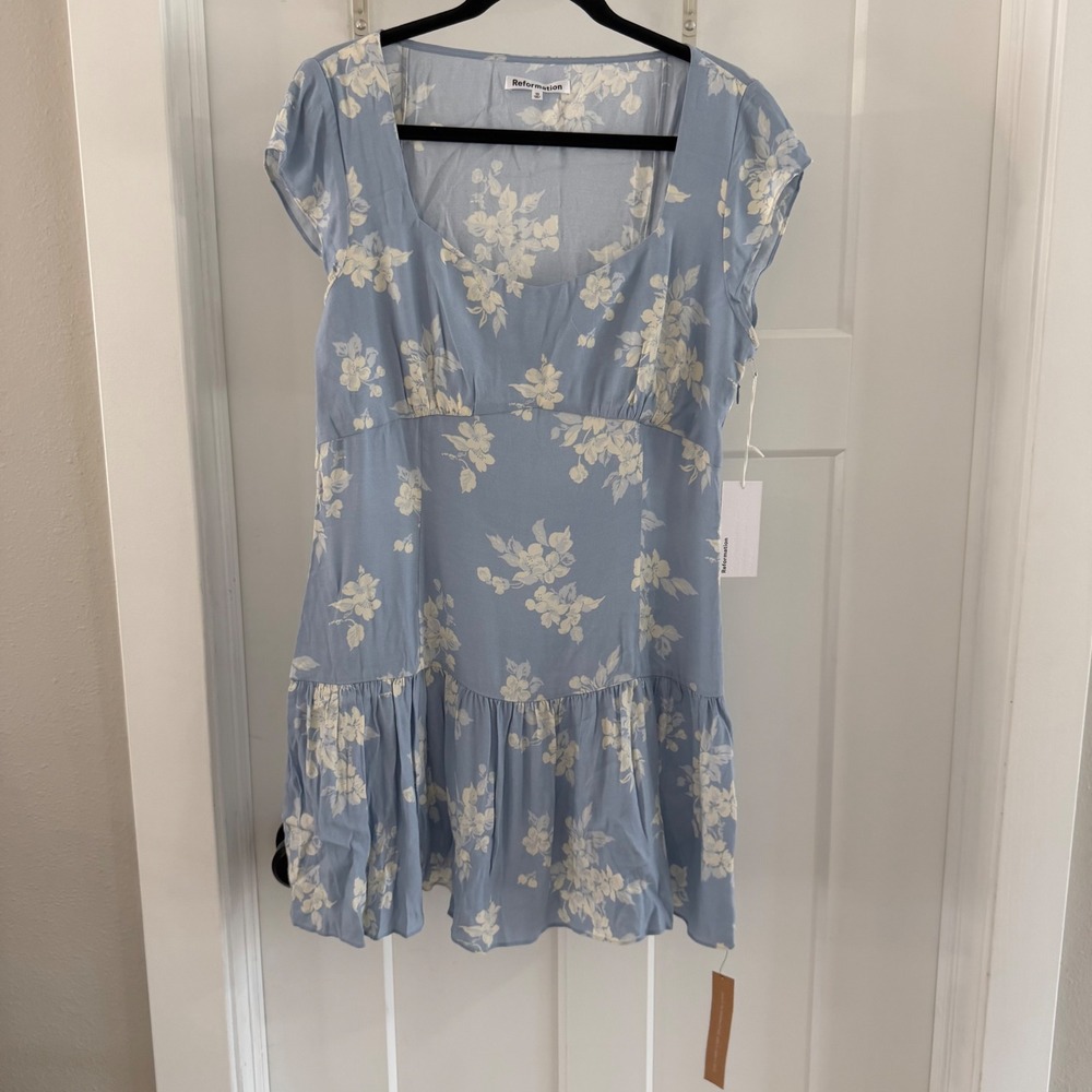 Reformation Olencia Mini Dress Bijou Floral Blue Cap Sleeve Ruffle Hem 10 preppy